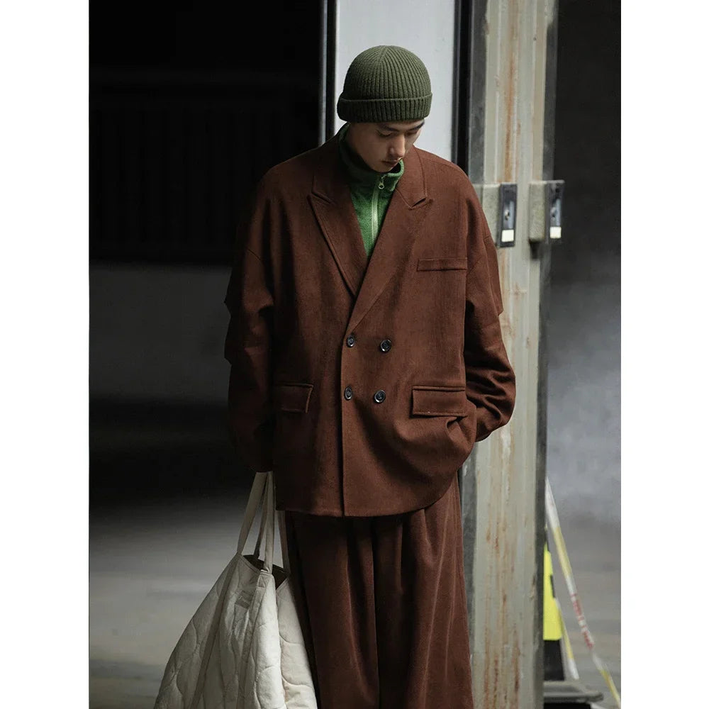Autumn Men Double Breasted Japanese Streetwear Vintage Oversized Loose Casual Blazers Suit Jacket Male Coat Blaser Masculino