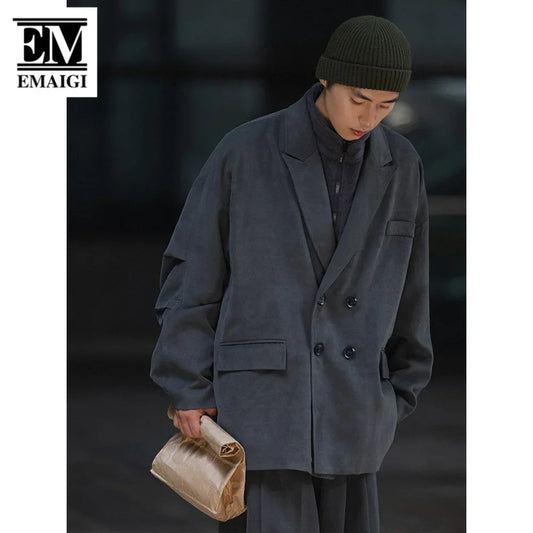 Autumn Men Double Breasted Japanese Streetwear Vintage Oversized Loose Casual Blazers Suit Jacket Male Coat Blaser Masculino