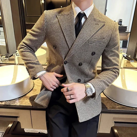 British Style Men Double Breasted Slim Fit Blazer 2025 New Houndstooth Slim Fit Suit Jacket Formal Business Wedding Dress Jacket