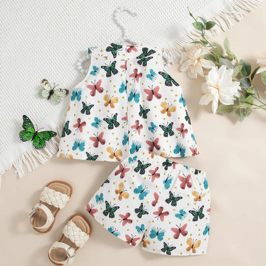 2 Pieces Summer Girl's Butterfly Sleeveless Top+shorts Baby's Sets Comfortable Baby Girl Clothes 0-2 Years Children's Cute Set