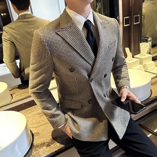 British Style Men Double Breasted Slim Fit Blazer 2025 New Houndstooth Slim Fit Suit Jacket Formal Business Wedding Dress Jacket