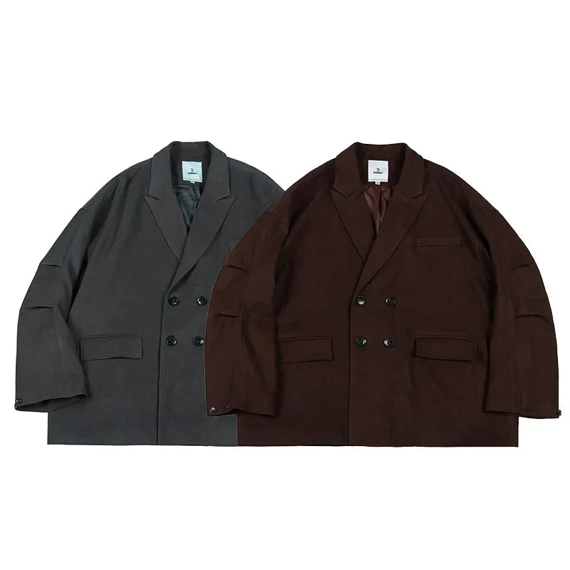 Autumn Men Double Breasted Japanese Streetwear Vintage Oversized Loose Casual Blazers Suit Jacket Male Coat Blaser Masculino