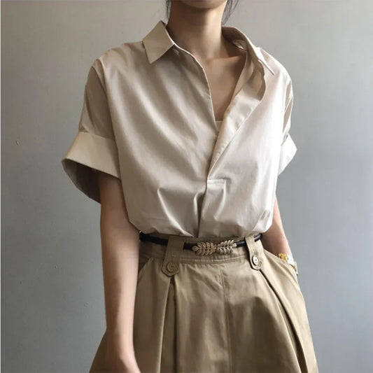 Chiffon Tunic Models Women Blouses Spring Summer Set Simple Short Soft Batwing Sleeve Turn Town Collar Shirts Short Sleeve Tee