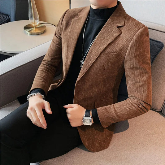 Business Male Corduroy Blazer Single Breasted Men's Suit Dress Jackets Trendy 2025 Casual Original Fashionable Vintage New Coat